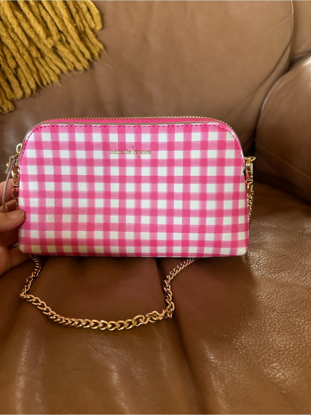 Nanette Lepore Pink gingham shoulder bag with gold chain strap